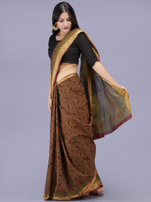 Olive Green Maroon Black Bagh Printed Maheshwari Cotton Saree - S031704205
