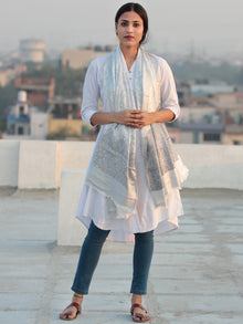 Ivory Grey Jamavari Silk Woollen Kashmiri Stole - S200531