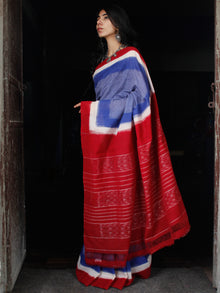 Royal Blue Red White Double Ikat Handwoven Mercerised Cotton Saree - S031703537