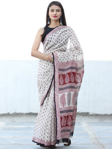 White Black Red Bagh Hand Block Printed Kota Doria Saree - S031703899