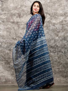 Indigo White Hand Block Printed Kota Doria Saree In Natural Colors - S031703216