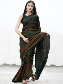 Green Maroon Yellow Ajrakh Hand Block Printed Modal Silk Saree in Natural Colors - S031703721