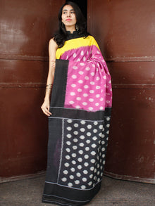 Lavender Black Yellow Double Ikat Handwoven Mercerised Cotton Saree With Ganga Jamuna Border - S031703663
