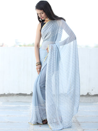 Pastel Blue White Hand Block Printed Chiffon Saree with Zari Border - S031703937