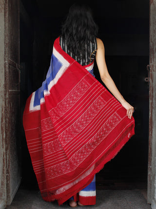 Royal Blue Red White Double Ikat Handwoven Mercerised Cotton Saree - S031703537