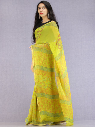 Lime Green Red Green Hand Block Printed Chiffon Saree with Zari Border - S031704608