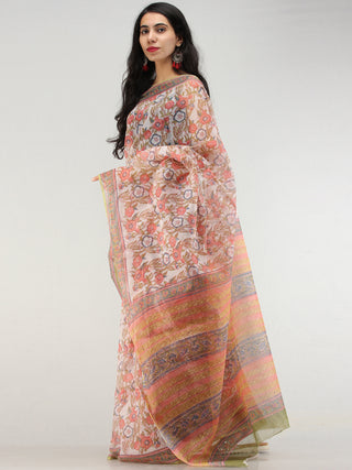 White Coral Indigo Hand Block Printed Kota Doria Saree  - S031704578