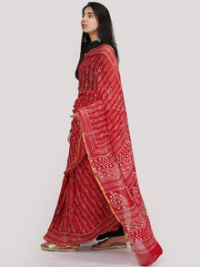 Red OffWhite Hand Block Printed Chiffon Saree With Zari Border - S031704709