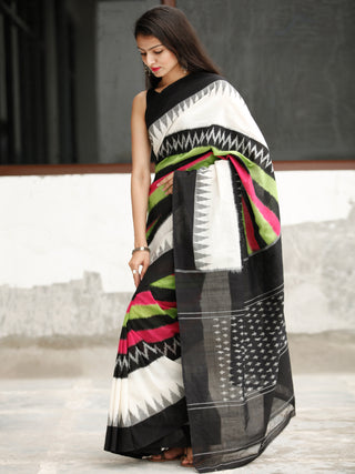 White Black Green Ikat Handwoven Cotton Saree - S031704054