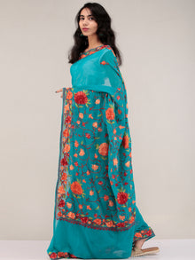 Sea Green Aari Embroidered Georgette Saree From Kashmir - S031704650