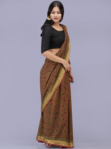 Olive Green Maroon Black Bagh Printed Maheshwari Cotton Saree - S031704205