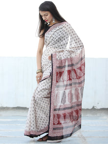White Black Red Bagh Hand Block Printed Kota Doria Saree - S031703899