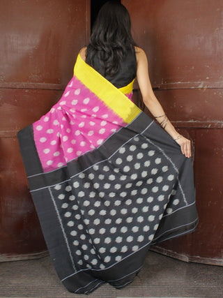 Lavender Black Yellow Double Ikat Handwoven Mercerised Cotton Saree With Ganga Jamuna Border - S031703663