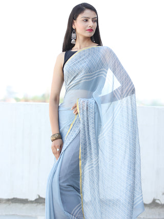 Pastel Blue White Hand Block Printed Chiffon Saree with Zari Border - S031703937