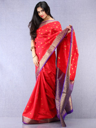 Banarasee Art Silk Self Weave Saree With Zari Work - Red Purple & Gold - S031704431