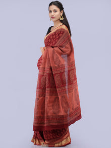 Blush Red Pink Black Bagh Printed Maheshwari Cotton Saree - S031704250