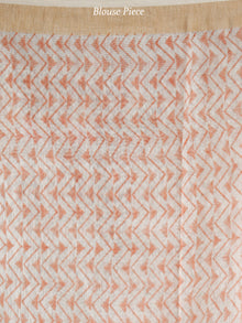 White Peach Coral Green Hand Block Printed Handwoven Linen Saree With Zari Border - S031703800