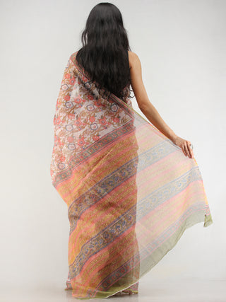 White Coral Indigo Hand Block Printed Kota Doria Saree  - S031704578