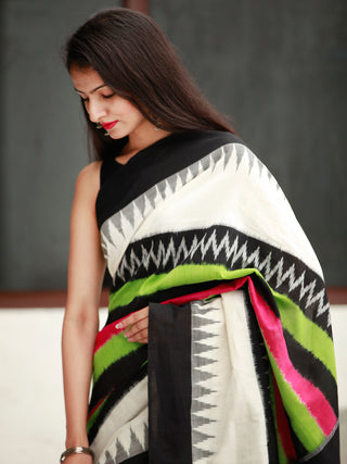 White Black Green Ikat Handwoven Cotton Saree - S031704054