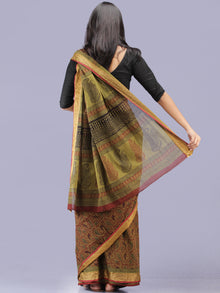 Olive Green Maroon Black Bagh Printed Maheshwari Cotton Saree - S031704205