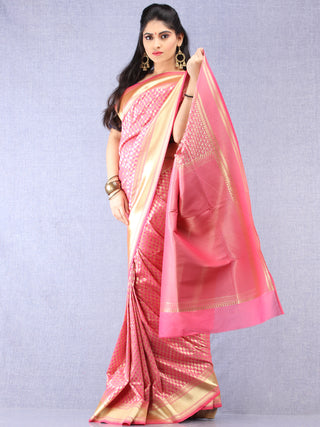 Banarasee Chanderi Silk Paisley Saree With Zari Border - Pink & Gold - S031704334