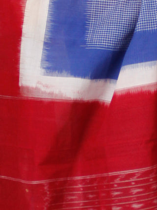 Royal Blue Red White Double Ikat Handwoven Mercerised Cotton Saree - S031703537