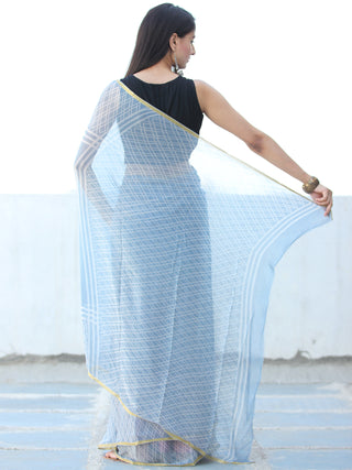 Pastel Blue White Hand Block Printed Chiffon Saree with Zari Border - S031703937