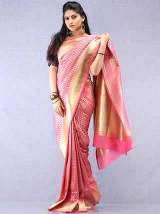 Banarasee Chanderi Silk Paisley Saree With Zari Border - Pink & Gold - S031704334