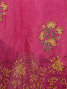 Pink Yellow Green Hand Block Printed Chiffon Saree with Zari Border - S031703500