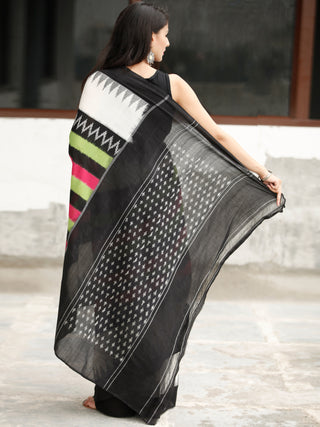 White Black Green Ikat Handwoven Cotton Saree - S031704054