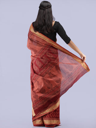 Blush Red Pink Black Bagh Printed Maheshwari Cotton Saree - S031704250