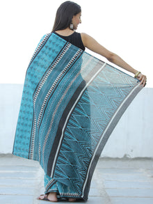 Teal Green White Hand Block Printed  Cotton Mul Saree - S031703979