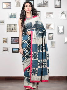 Indigo Grey White Hand Block Printed Cotton Mul Saree With Magenta Border & Mirror Work - S031703016