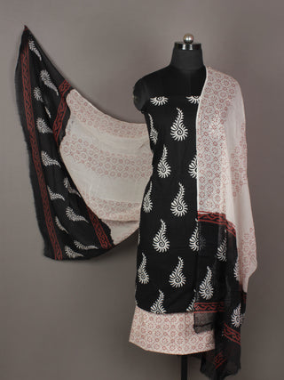 Black White Red Ivory Hand Block Printed Cotton Suit-Salwar Fabric & Dupatta - S1628189