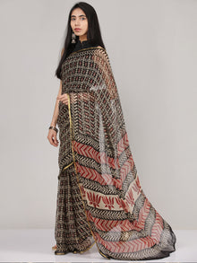 Black Beige Red Hand Block Printed Chiffon Saree With Zari Border - S031704683
