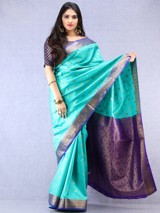 Banarasee Art Silk Self Weave Saree With Zari Work - Green Purple Gold  - S031704379