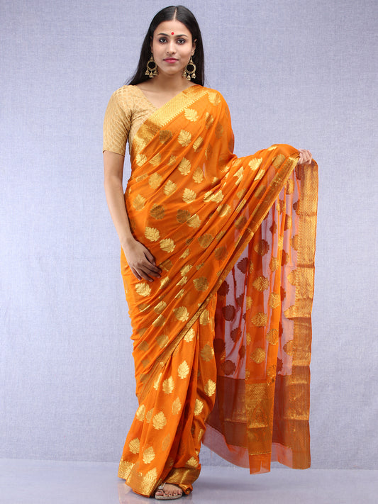 Banarasee Chiffon Saree With Golden Zari Weave  - Rust Orange & Gold - S031704401