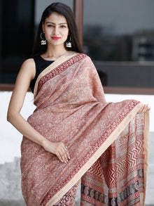 Beige Maroon Black Bagh Hand Block Printed Maheswari Silk Saree With Resham Border - S031703827