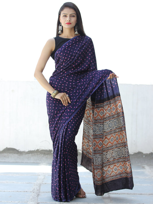 Indigo Pink Black Rust Bandhej Modal Silk Saree With Ajrakh Printed Pallu & Blouse - S031703872