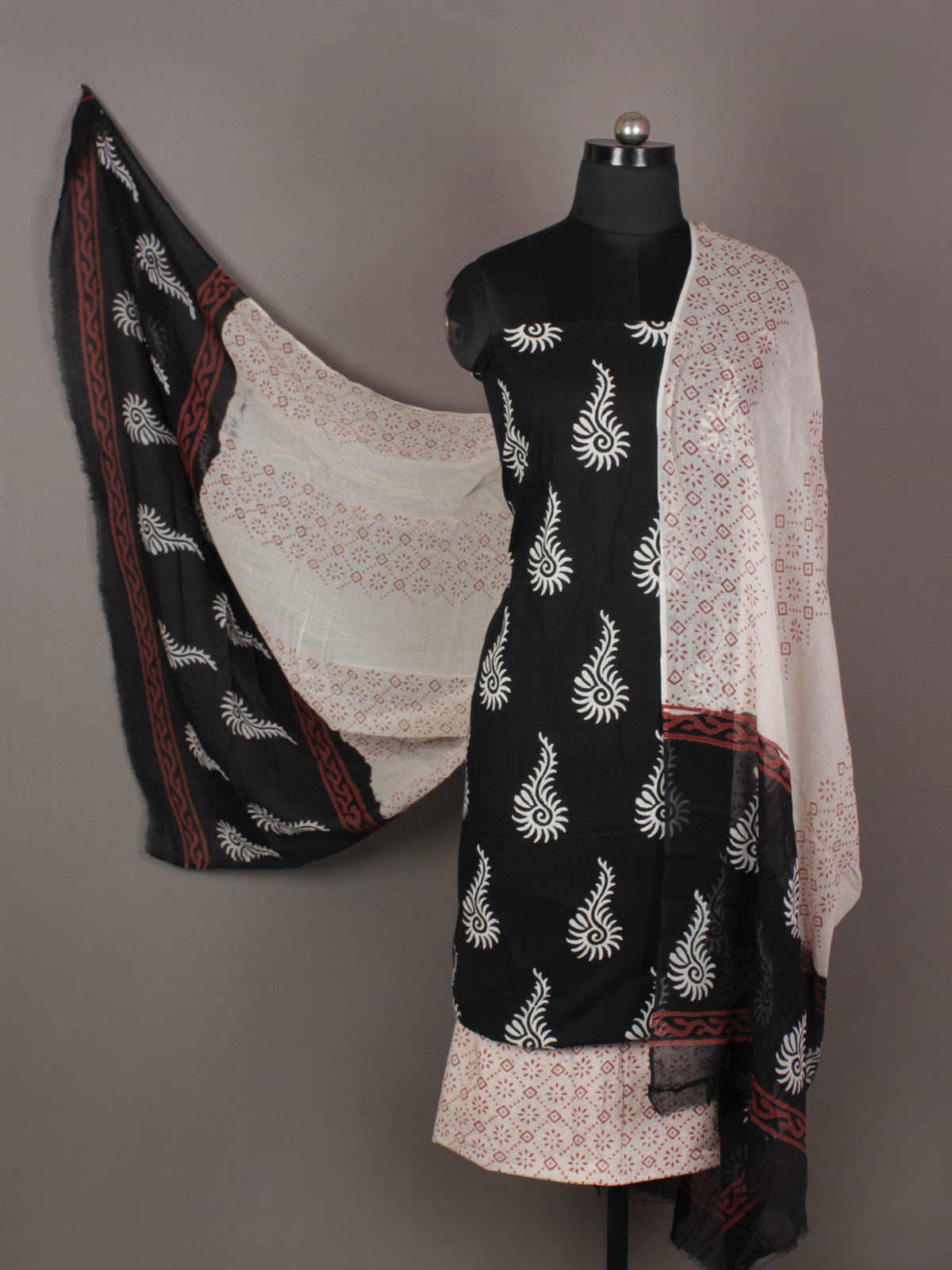 Black White Red Ivory Hand Block Printed Cotton Suit-Salwar Fabric & Dupatta - S1628189