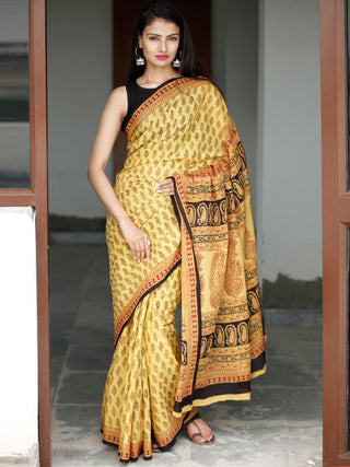 Yellow Maroon Black Bagh Hand Block Printed Cotton Saree - S031703818
