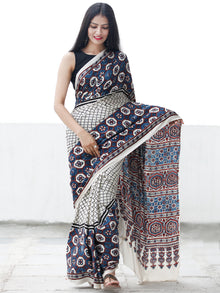 Off White Indigo Black Maroon Ajrakh Hand Block Printed Modal Silk Saree in Natural Colors - S031703695