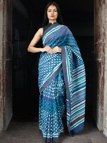 Indigo Green White Chanderi Silk Hand Block Printed Saree With Geecha Border - S031703982