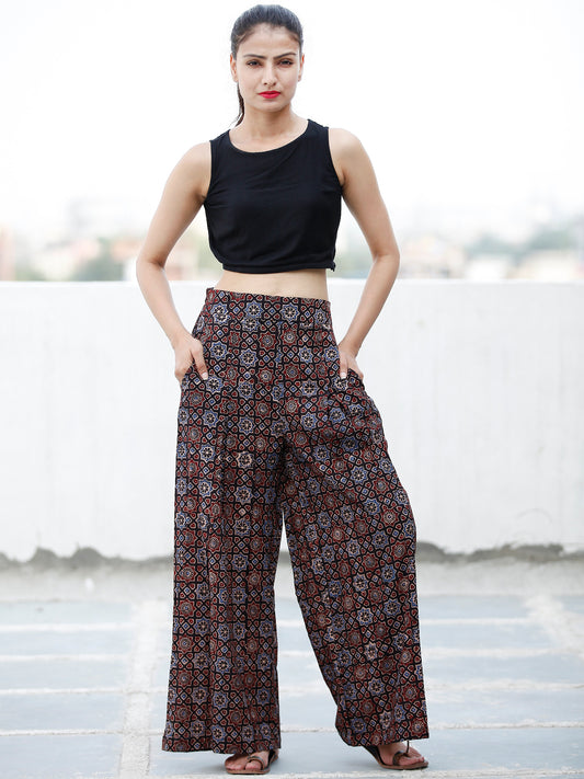 Black Indigo Maroon Ajrakh Hand Block Printed Semi Elasticated Waist Pleated Cotton Palazzo - P11F1686