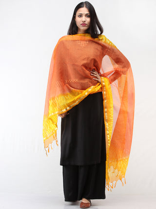 Kota Doria Tie & Die Dupatta  With Zari Border - Orange & Yellow - D04170893