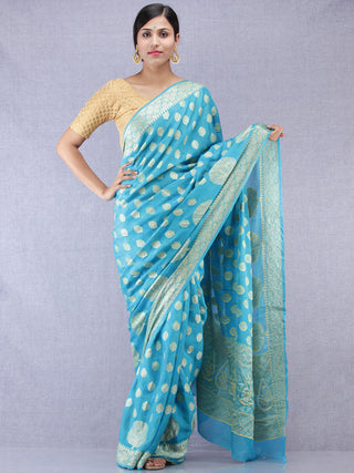 Banarasee Pure Chiffon Saree With Zari Work - Sky Blue & Gold - S031704309