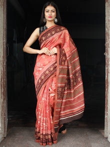 Rosewood Ivory Black Chanderi Silk Hand Block Printed Saree With Geecha Border - S031704000