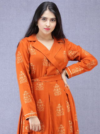 Jahanara - Rust Orange Gold Printed Long Box Pleated Dress - D379F2003