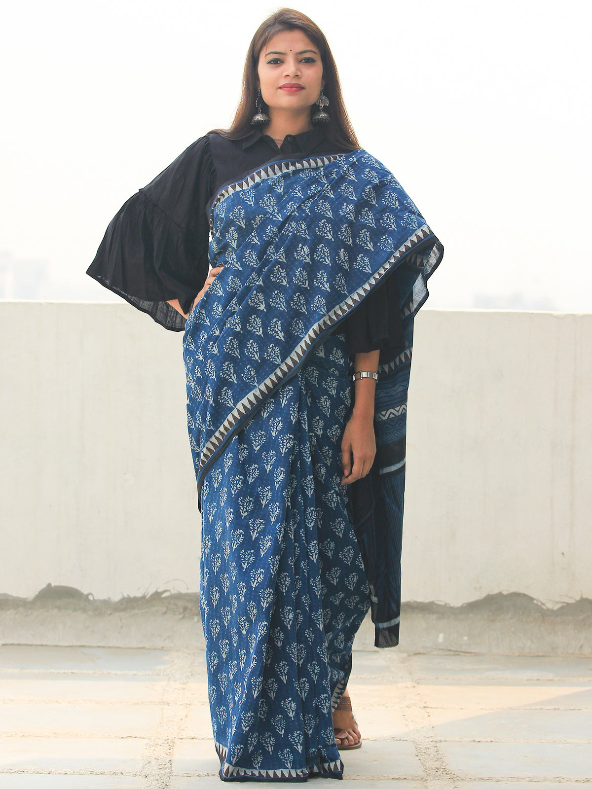 Indigo Black Hand Block Printed  Cotton Mul Saree - S031704099