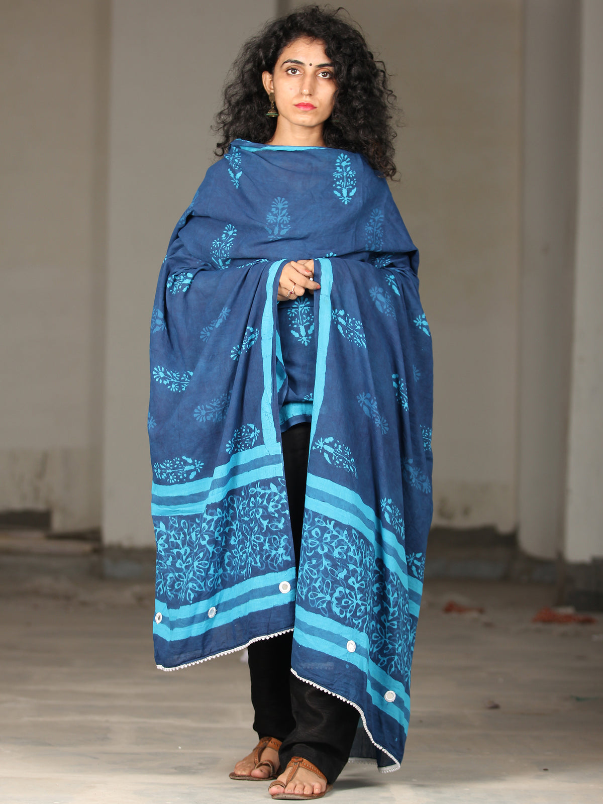 Indigo Sky Blue Cotton Hand Block Printed Dupatta With Mirror Work - D04170396